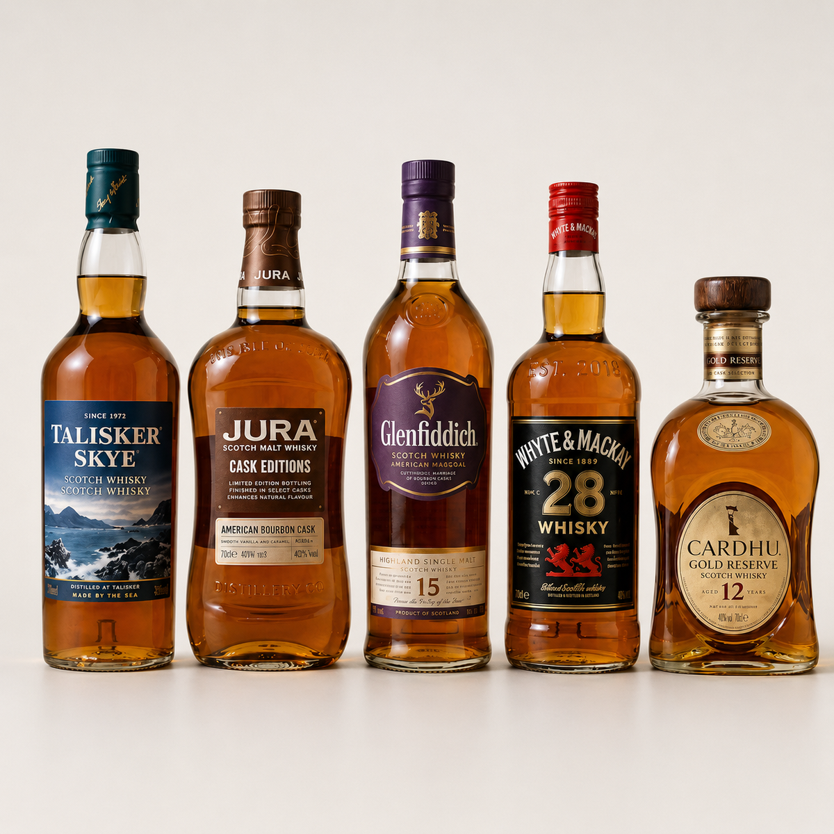 Ultimate Bundle – Glenfiddich 15, Whyte & Mackay Triple Matured, Cardhu Gold Reserve, Talisker Skye & Jura Bourbon Cask